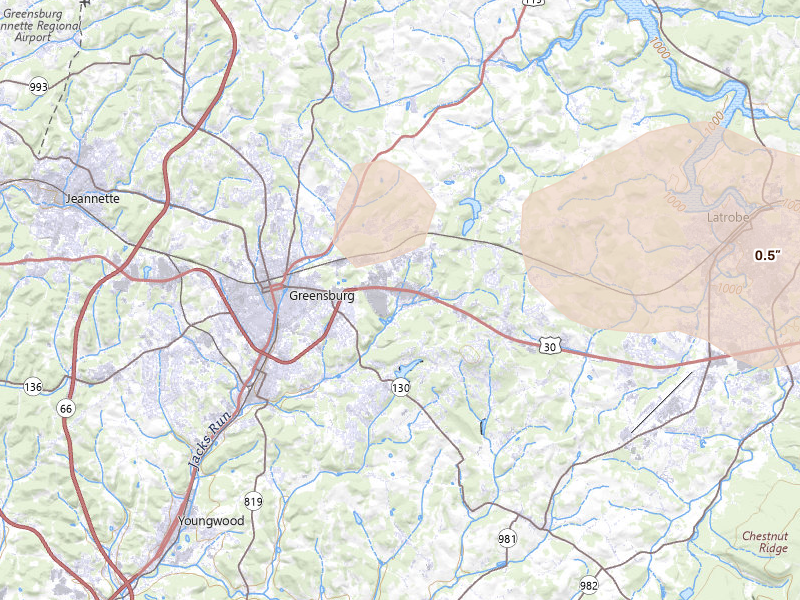 Radar-estimated hail-size map of the storm over Greensburg, PA on Sep 3, 2026