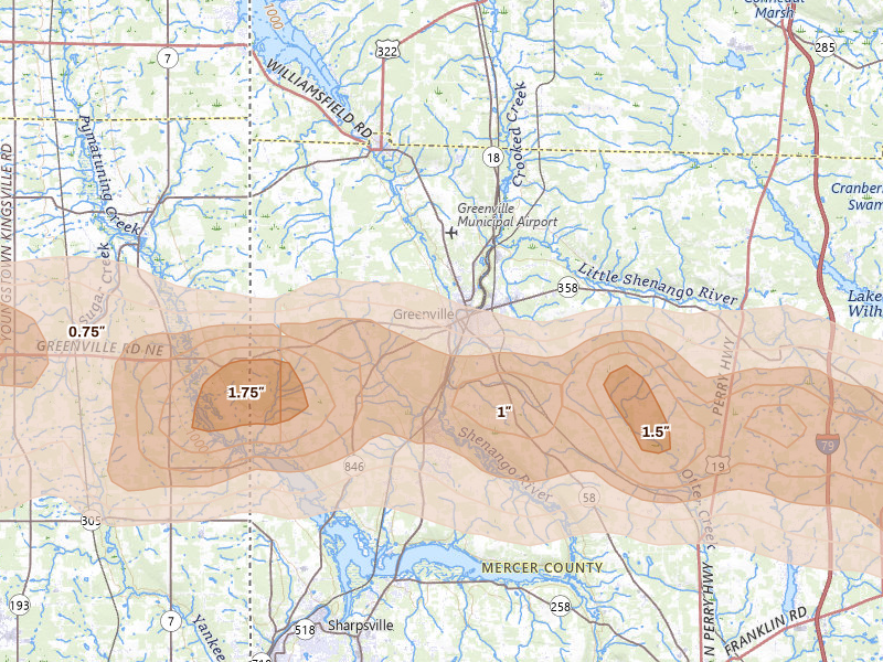 Radar-estimated hail-size map of the storm over Greenville, PA