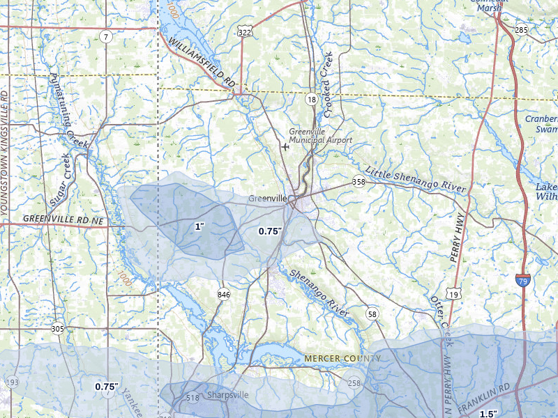 NEXRAD radar-signature map of the hail storm over Greenville, PA on Jul 3, 2026