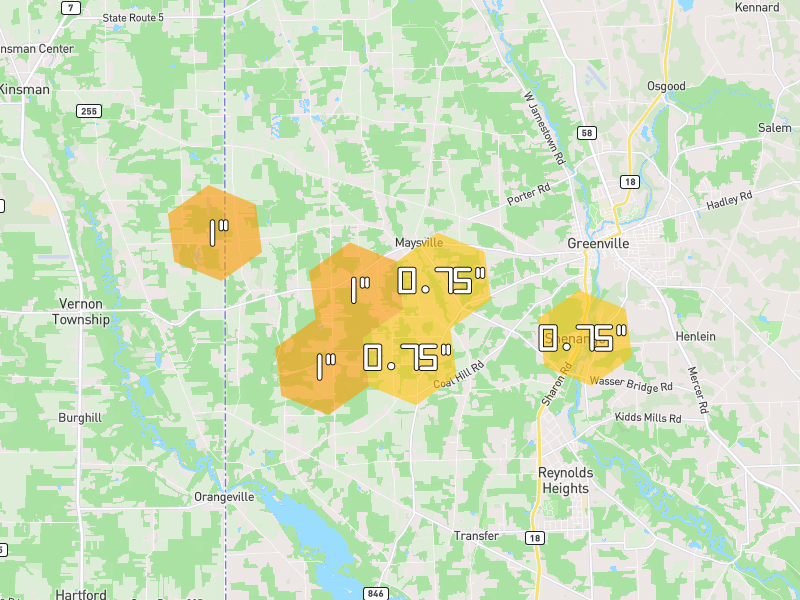 Hail map of Greenville, PA on Jul 4, 2026, hail up to 1"