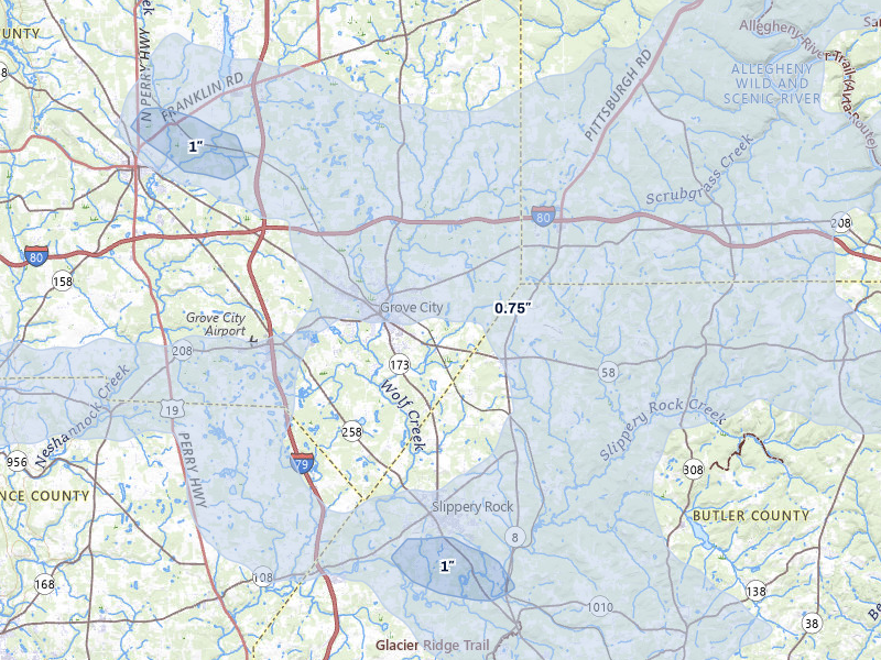 NEXRAD radar-signature map of the hail storm over Grove City, PA on Mar 22, 2026