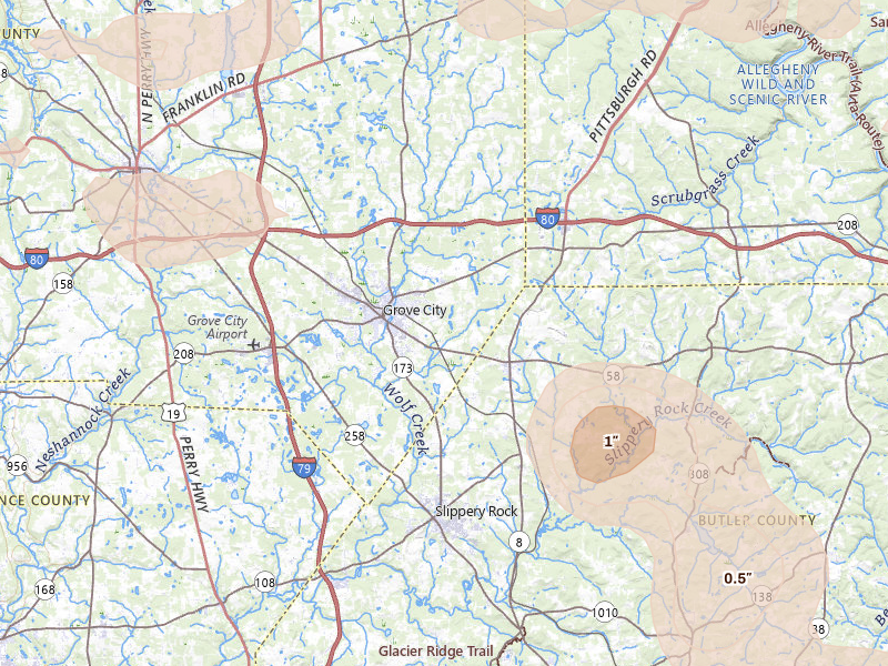 Radar-estimated hail-size map of the storm over Grove City, PA on Jul 3, 2026