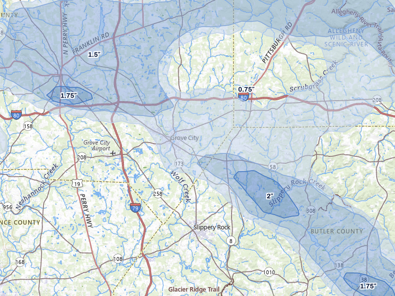 NEXRAD radar-signature map of the hail storm over Grove City, PA on Jul 3, 2026