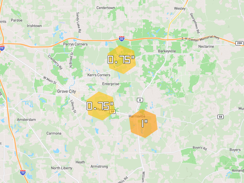 Hail map of Grove City, PA on Jul 3, 2026, hail up to 1"