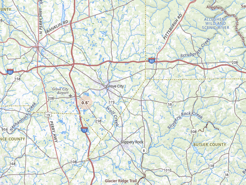Radar-estimated hail-size map of the storm over Grove City, PA on Jul 5, 2026