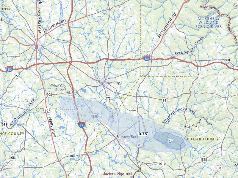 NEXRAD radar-signature map of the hail storm over Grove City, PA on Jul 5, 2026
