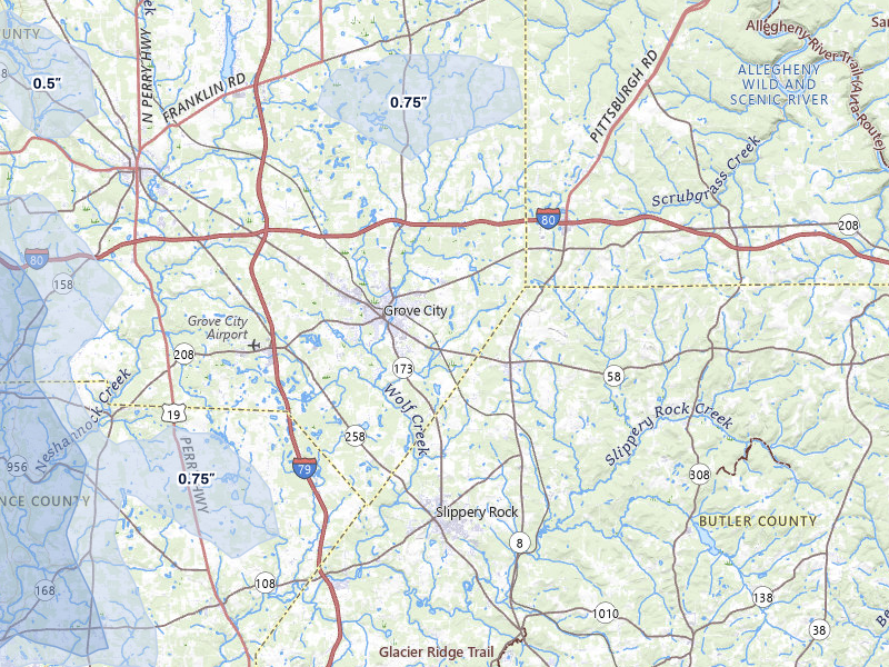 NEXRAD radar-signature map of the hail storm over Grove City, PA on Jul 10, 2026