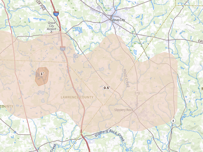 Radar-estimated hail-size map of the storm over Grove City, PA