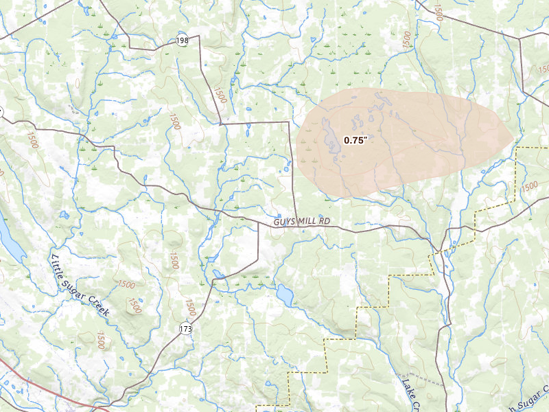 Radar-estimated hail-size map of the storm over Guys Mills, PA on Jun 6, 2026