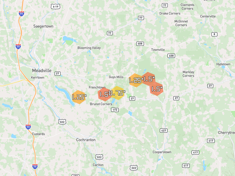 Hail map of Guys Mills, PA on Jun 6, 2026, hail up to 1.5"