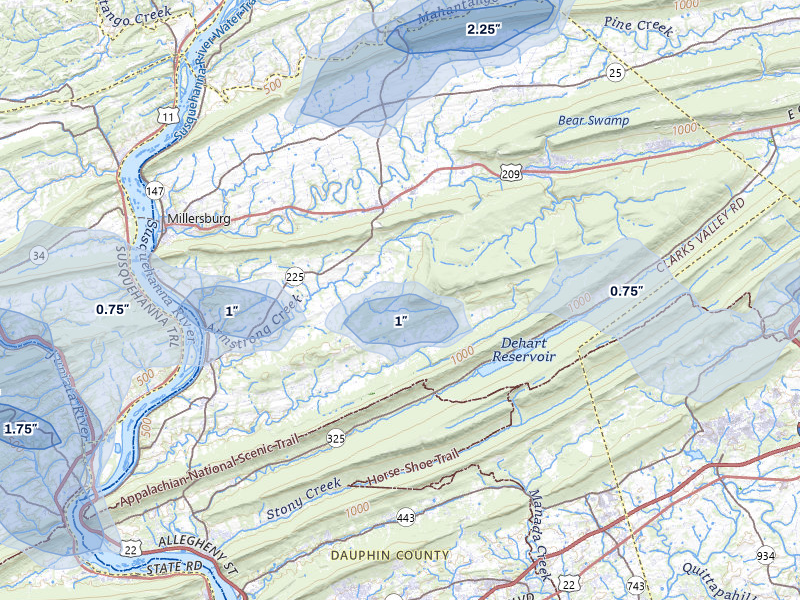 NEXRAD radar-signature map of the hail over Halifax, PA