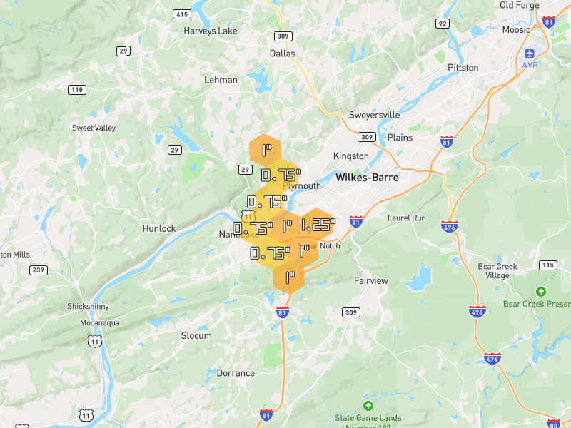 Hail map of Hanover Township, PA on Jul 3, 2026, hail up to 1.25"