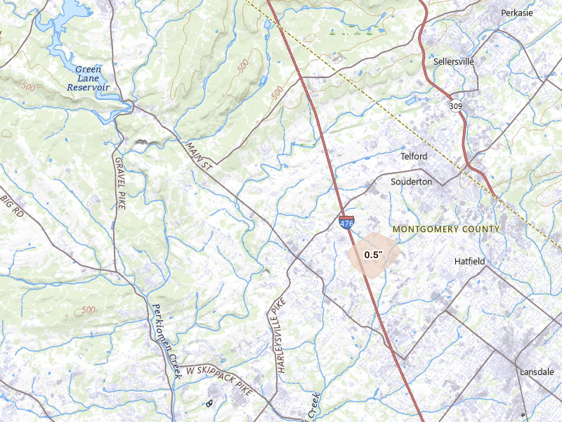 Radar-estimated hail-size map of the storm over Harleysville, PA on Jul 4, 2026