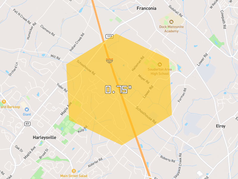 Hail map of Harleysville, PA on Jul 5, 2026, hail up to 0.75"