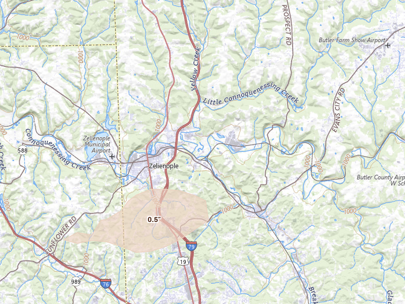 Radar-estimated hail-size map of the storm over Harmony, PA on Jun 10, 2026