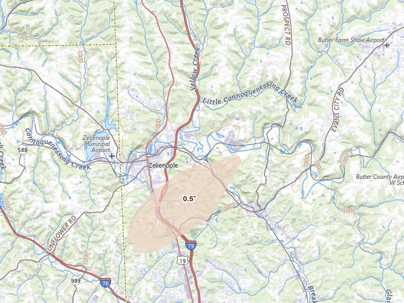 Radar-estimated hail-size map of the storm over Harmony, PA on Jul 4, 2026