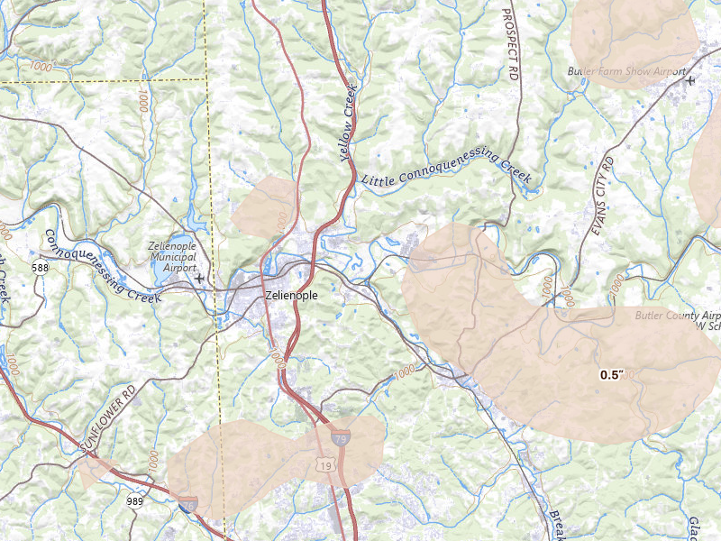 Radar-estimated hail-size map of the storm over Harmony, PA on Sep 2, 2026