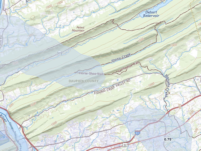 NEXRAD radar-signature map of the hail over Harrisburg, PA