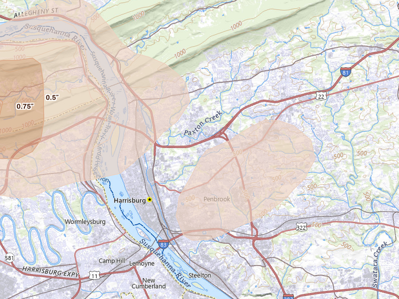 Radar-estimated hail-size map of the storm over Harrisburg, PA on Aug 27, 2026