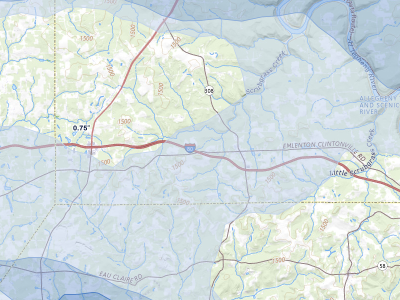 NEXRAD radar-signature map of the hail storm over Harrisville, PA on Jul 3, 2026
