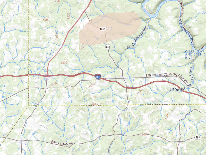 Radar-estimated hail-size map of the storm over Harrisville, PA on Aug 8, 2026