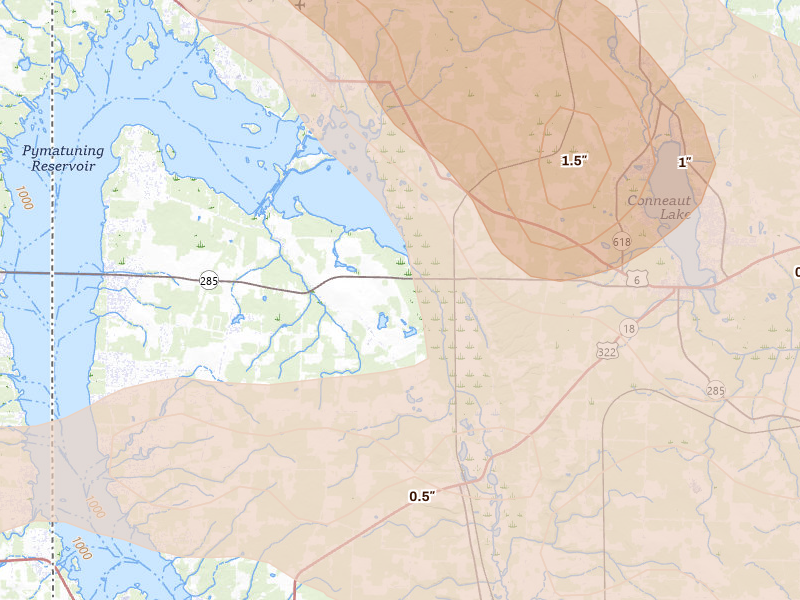 Radar-estimated hail-size map of the storm over Hartstown, PA on Sep 2, 2026