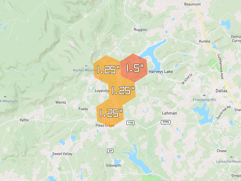 Hail map of Harveys Lake, PA on Jul 3, 2026, hail up to 1.5"