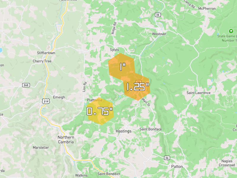 Hail map of Hastings, PA on Jul 4, 2026, hail up to 1.25"
