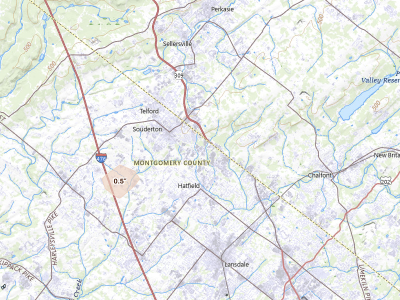 Radar-estimated hail-size map of the storm over Hatfield, PA on Jul 4, 2026