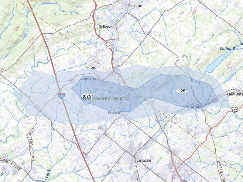 NEXRAD radar-signature map of the hail storm over Hatfield, PA on Jul 4, 2026