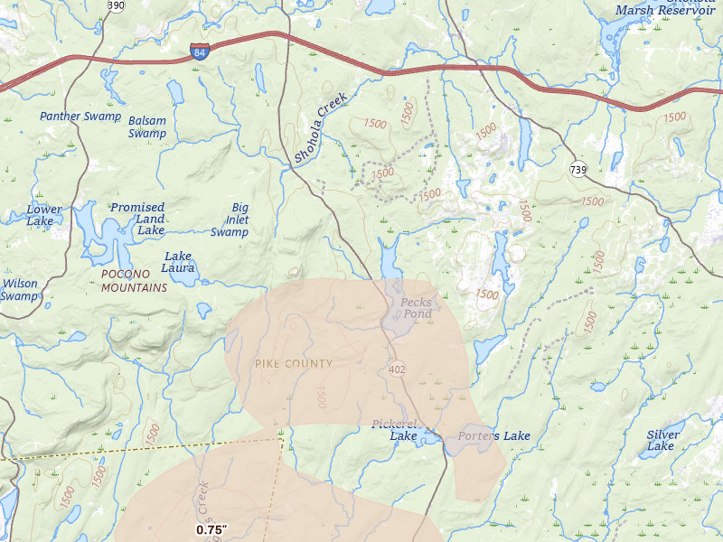 Radar-estimated hail-size map of the storm over Hawley, PA on Jul 3, 2026