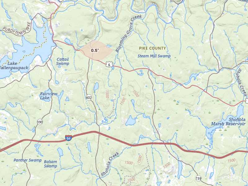 Radar-estimated hail-size map of the storm over Hawley, PA on Aug 12, 2026