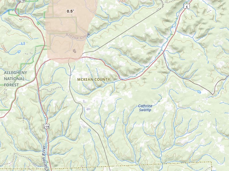 Radar-estimated hail-size map of the storm over Hazel Hurst, PA on Jul 27, 2026