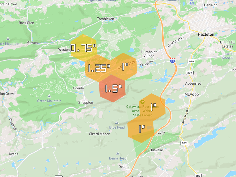 Hail map of Hazleton, PA on Jul 3, 2026, hail up to 1.5"