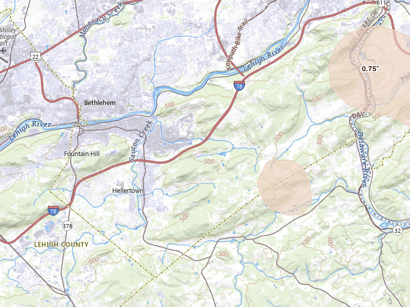 Radar-estimated hail-size map of the storm over Hellertown, PA on Jul 3, 2026