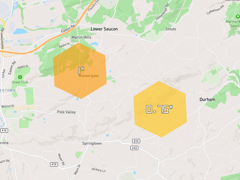 Hail map of Hellertown, PA on Jul 3, 2026, hail up to 1"
