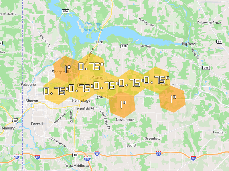 Hail map of Hermitage, PA on Jul 3, 2026, hail up to 1"