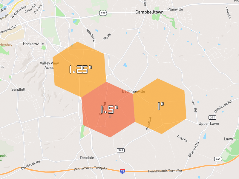 Hail map of Hershey, PA on Jul 4, 2026, hail up to 1.5"