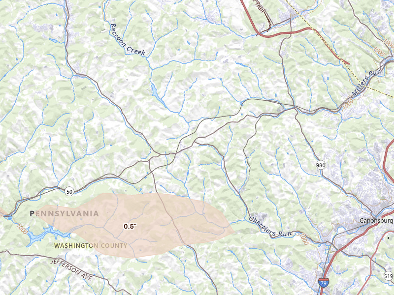 Radar-estimated hail-size map of the storm over Hickory, PA on May 13, 2026