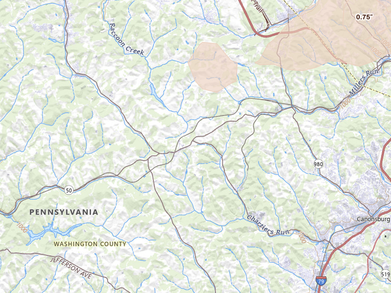 Radar-estimated hail-size map of the storm over Hickory, PA on Jul 17, 2026