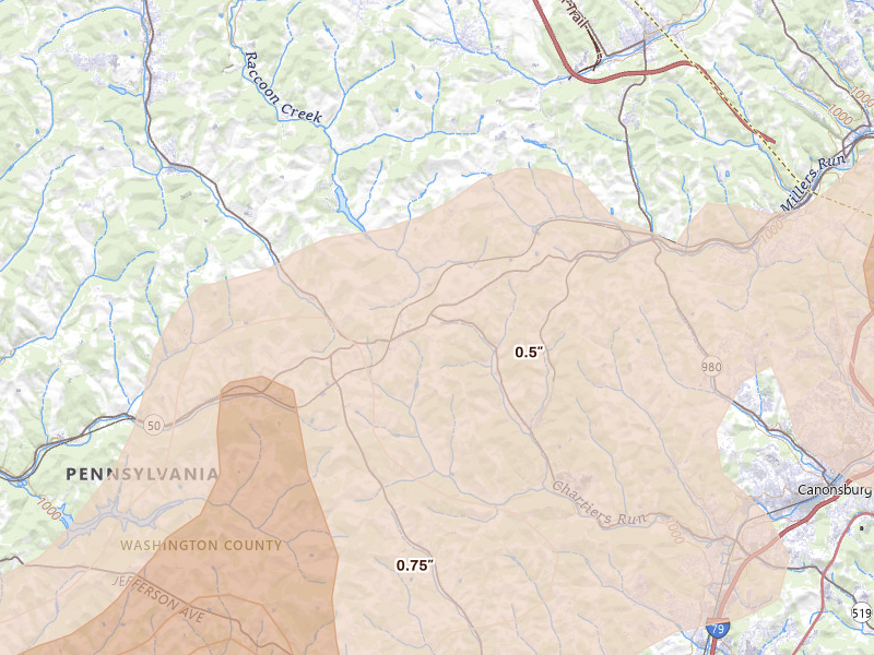 Radar-estimated hail-size map of the storm over Hickory, PA