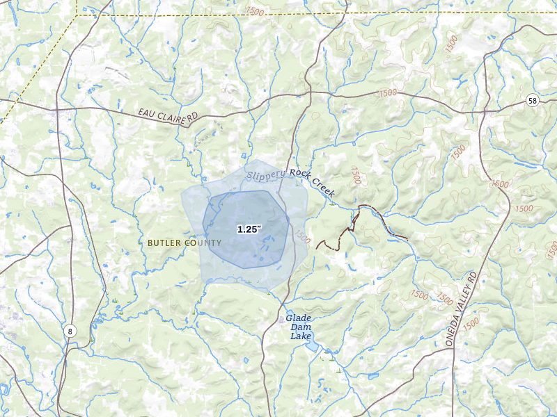 NEXRAD radar-signature map of the hail over Hilliards, PA