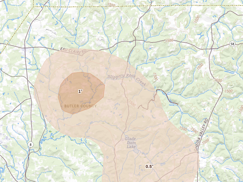 Radar-estimated hail-size map of the storm over Hilliards, PA on Jul 3, 2026