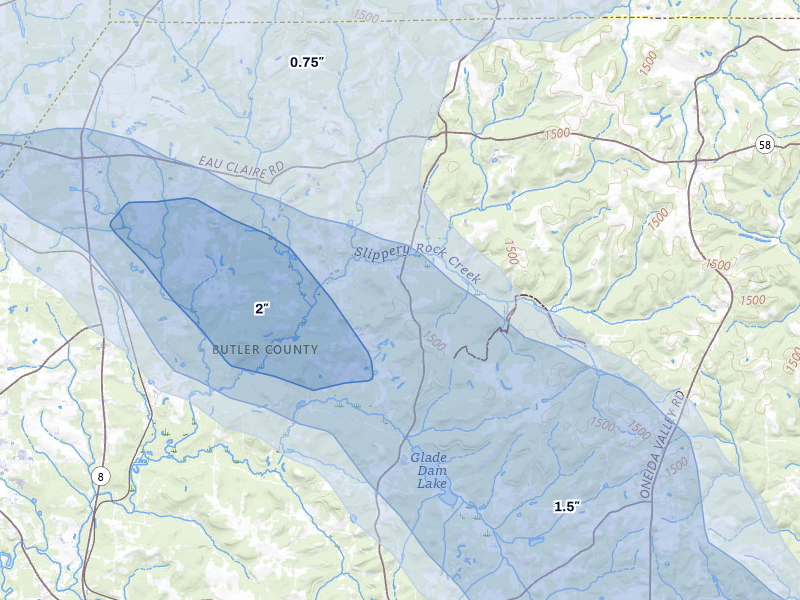 NEXRAD radar-signature map of the hail storm over Hilliards, PA on Jul 3, 2026