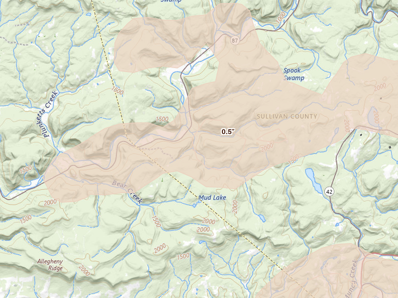 Radar-estimated hail-size map of the storm over Hillsgrove, PA on Aug 27, 2026