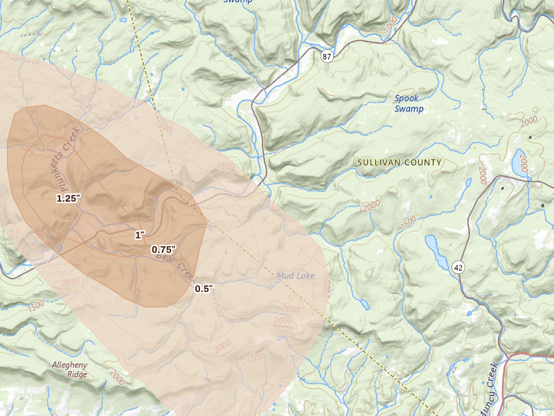 Radar-estimated hail-size map of the storm over Hillsgrove, PA on Sep 1, 2026