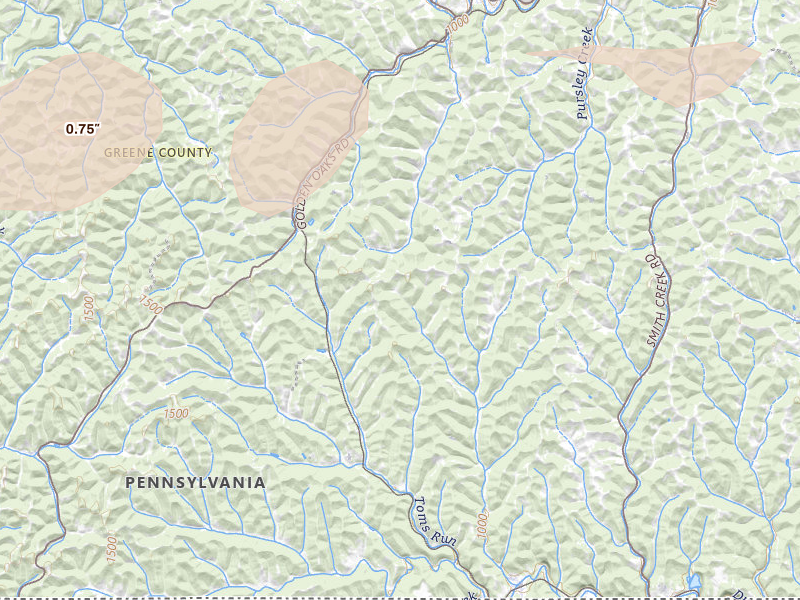 Radar-estimated hail-size map of the storm over Holbrook, PA on Aug 8, 2026