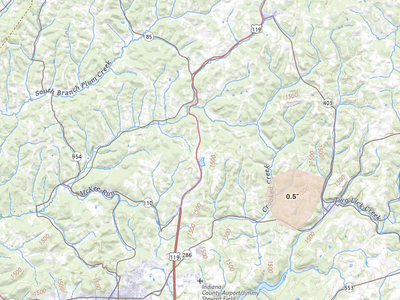 Radar-estimated hail-size map of the storm over Home, PA on Jul 4, 2026