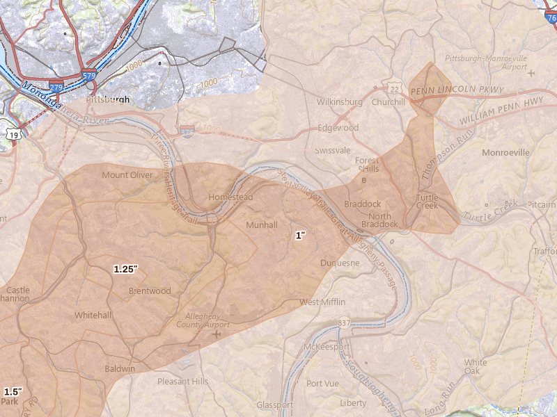 Radar-estimated hail-size map of the storm over Homestead, PA on Sep 3, 2026