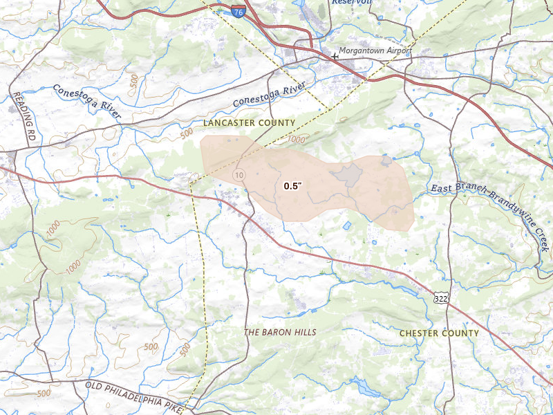 Radar-estimated hail-size map of the storm over Honey Brook, PA on Jun 22, 2026
